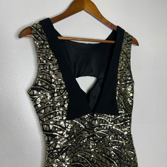 Tatyana Metallic Gold & Black Bodycon Dress Size M Retro Keyhole Glam Party - Picture 4 of 9